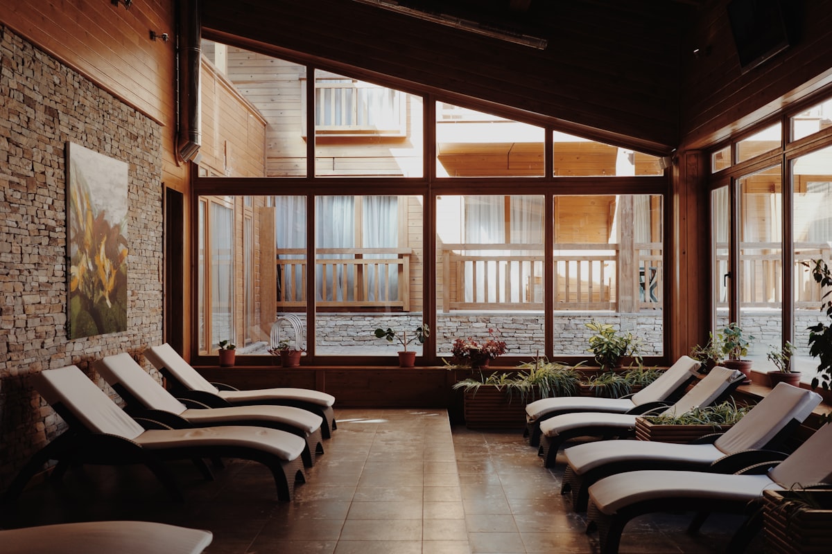 Loungers in a quiet hotel spa relaxation room